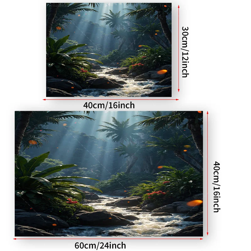 قطعة واحدة من نسيج الجدار نسيج تيار الغابة الاستوائية - أشجار النخيل المضاءة بالشمس ومشهد النهر