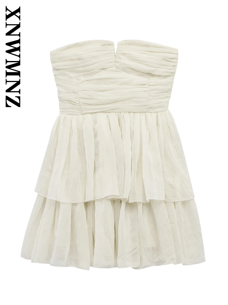 

XNWMNZ 2025 Summer Lady Sexy Top Mini Skirt Chic Woman V-Collar Sleeveless Dresses Regular Fit zipper Strapless dress Ruffles