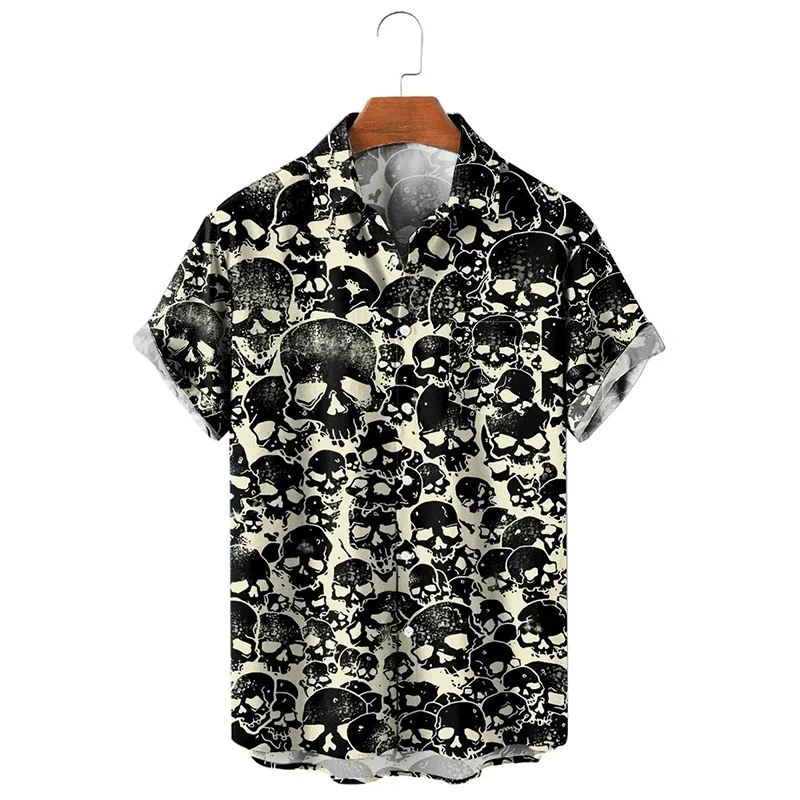 Men\'s shirt Vintage American Style Skull Print Shirts Street Harajuku Short-sleeved Buttons Men Clothing Casual Girls Blouse