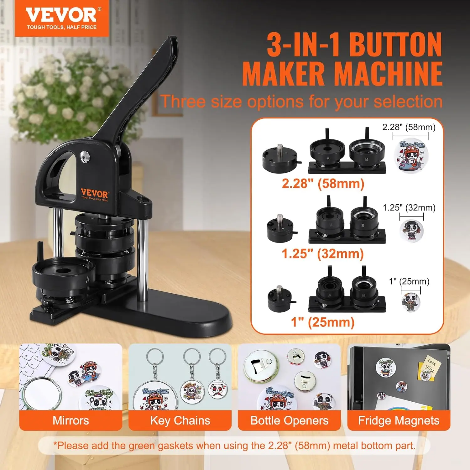 Button Maker, 1/1.25/2.28 inch(25/32/58mm) 3-in-1 Pin Maker with 300pcs Button Parts, Ergonomic Arc Handle Punch Press Kit, Butt