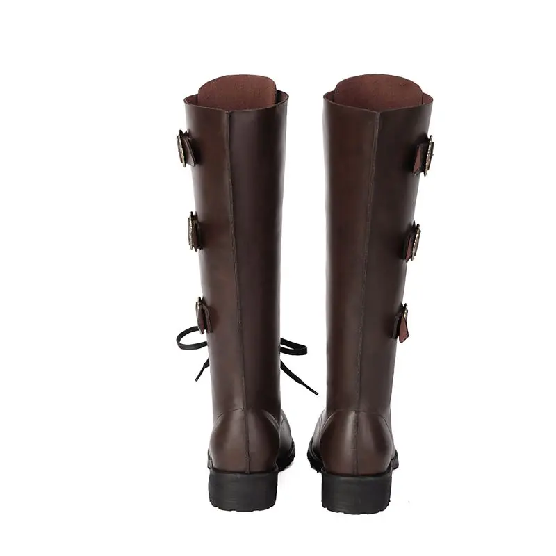 

ORCHA LISA Fashion Women Knee High Boots Round Toe 4cm Thick Heel Lace Up Belt Buckles Large Size 47 48 49 50 Leisure Riding Boo