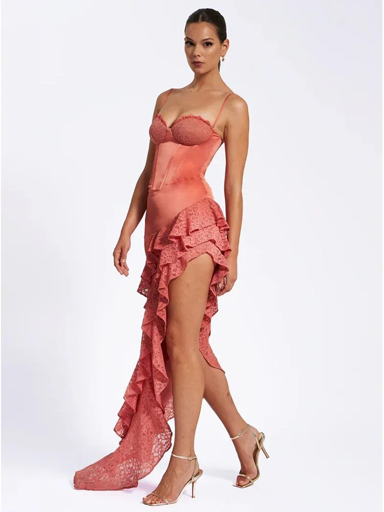 Robe Corset en Satin et dentelle pour femmes, Sexy, bretelles Spaghetti, noire, sans manches, à volants irréguliers, Maxi, élégante, soirée