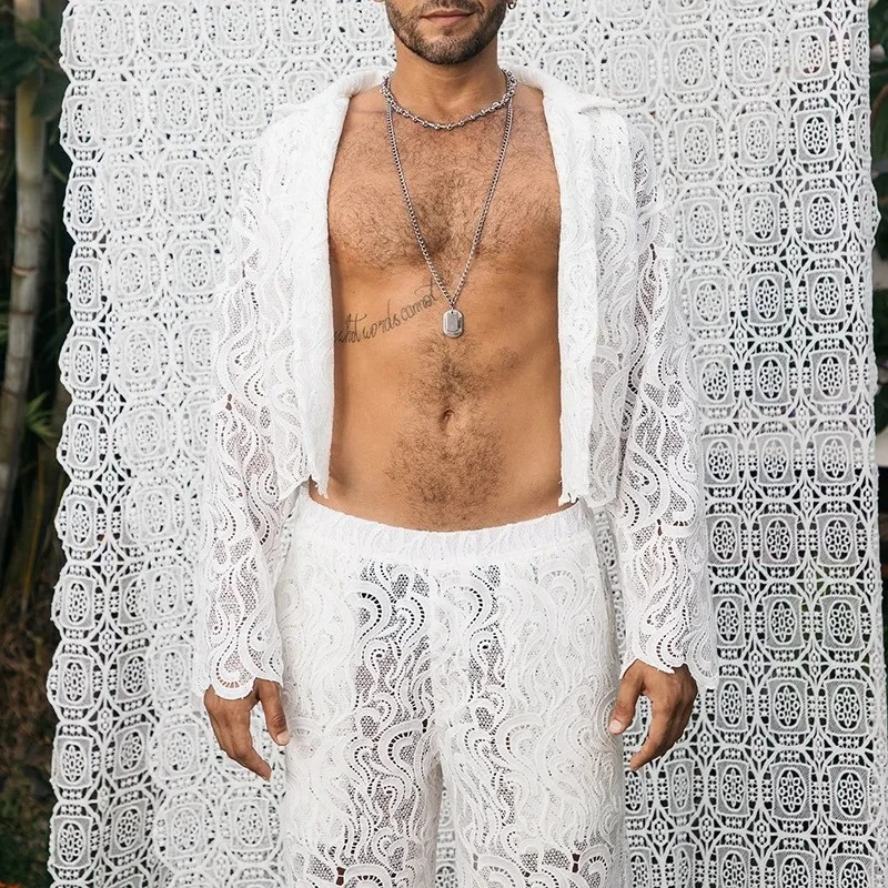 Spring And Summer New Beach Wind Sexy Hollow Pattern Design Sense Men's Long-sleeved Trousers Set