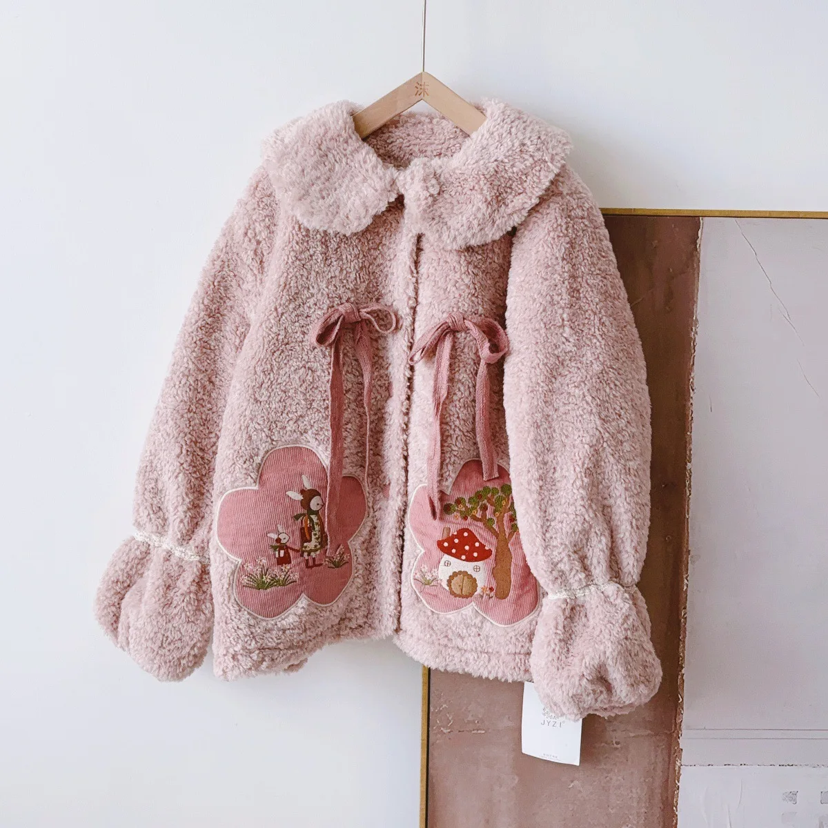 Japanese Vintage Mori Girl Embroidery Thicken Fleece Jacket Outwear Women Winter Kawaii Peter Pan Collar Casual Cotton Coat