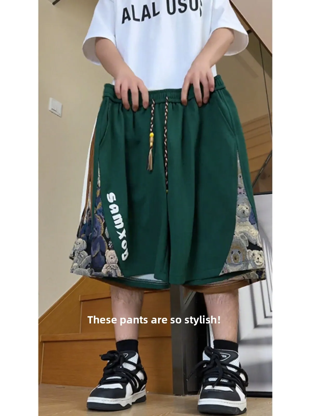 

New Chinese Sle Bear Print Pine Pattern Men's orts Summer Beach Casual Five-Quarter Pants Loose Fit Youth Active S...