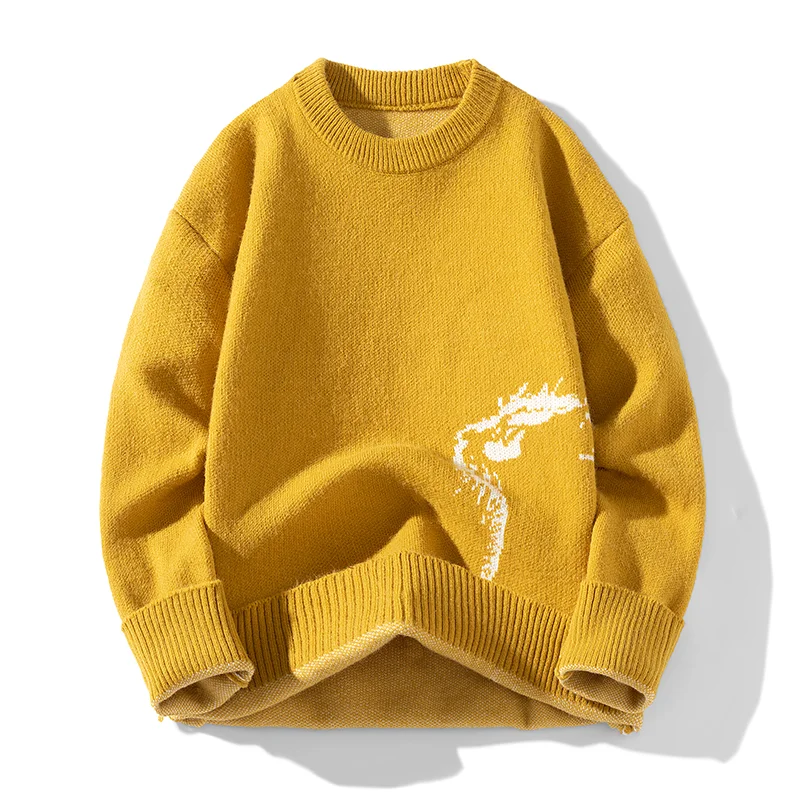 Black Round Neck Cat Pattern Sweater Men Loose Knit Cartoon Couple Top