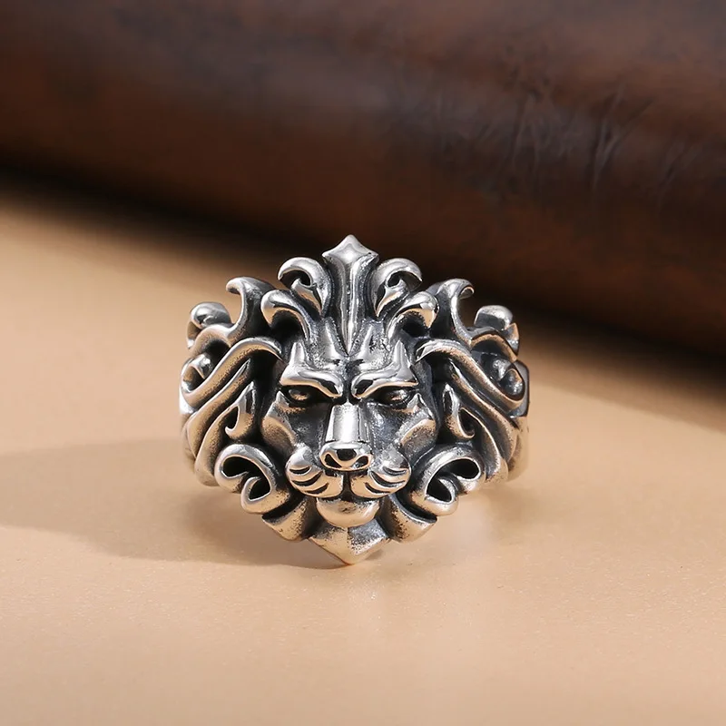 Anillo de plata de ley S925 con forma de León dominante para hombre, sortija de hip hop de extremo abierto, anillo de dedo índice de nicho creativo, adorno de estilo nacional