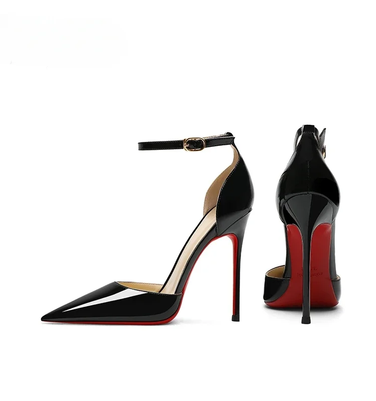 Black professional high heels, women's slim heels, pointed toe, sexy summer new red sole, one line with toe sandals