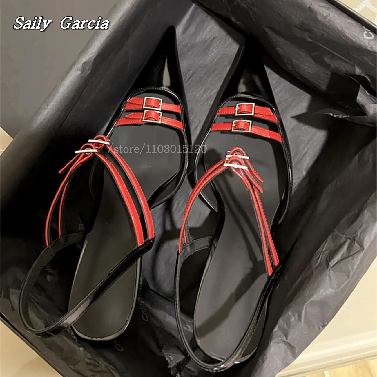 

Leathe One Word Belt Buckle Strap Sandals Mixed Color Back Strrap Sexy High Heels Side Empty Hot Girl Grace Sandals