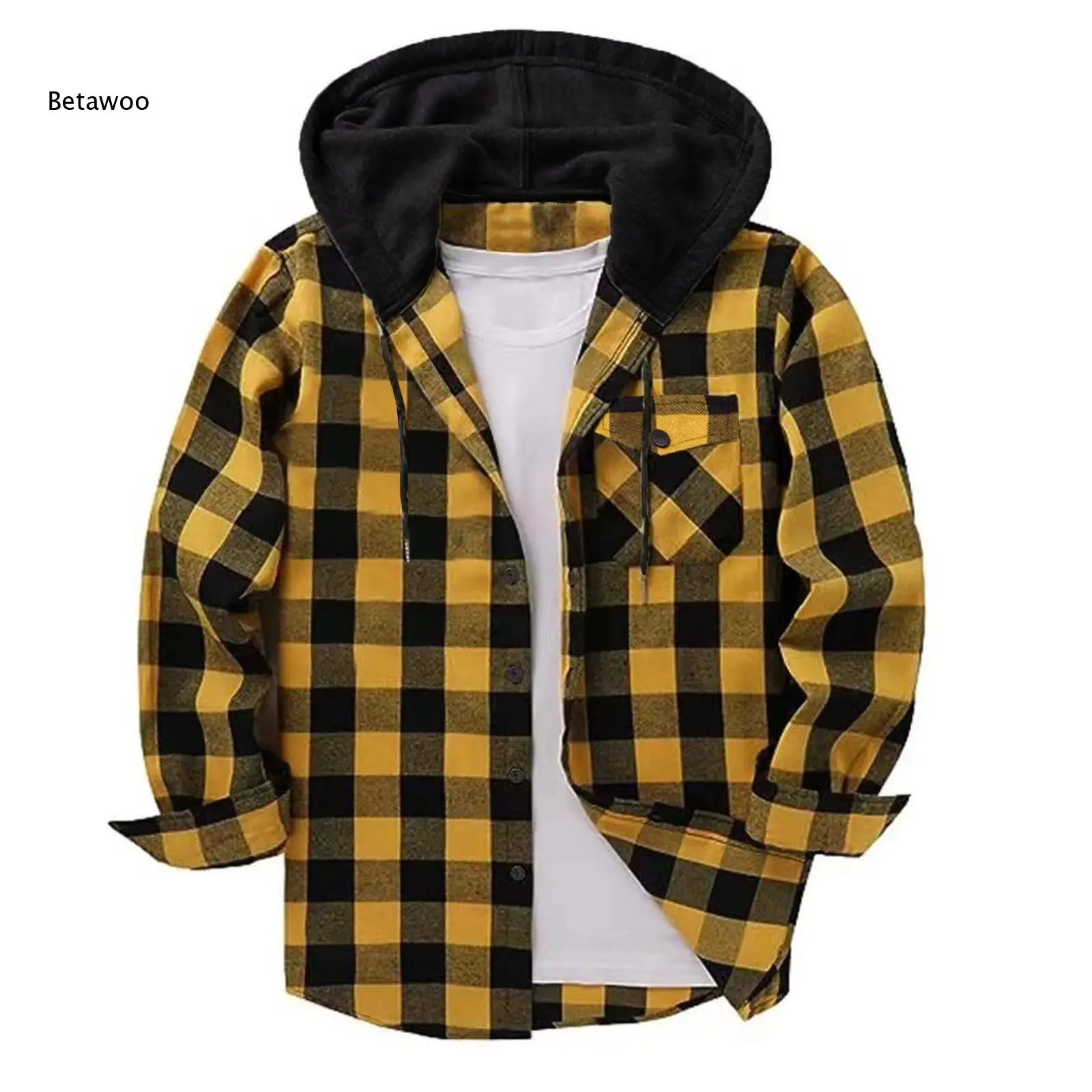 Regular Fit Men Plaid Hooded Shirt Long Sleeve Drawstring Hood Chest Pocket Button Front Top For Street Style And Daily Outfits