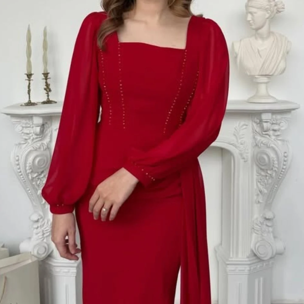 

Fashion Beads Square Neck Full Sleeve Prom Dresses Straight Knee Length Length Evening Gown Customized Wedding Guest Party Dress