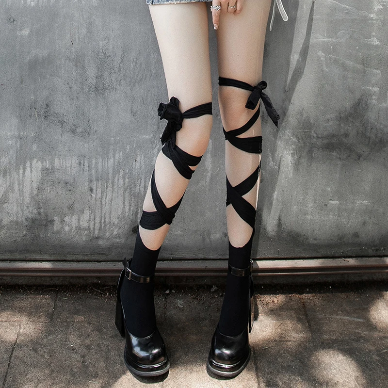 New Fashion Women Thigh High Socks Solid Color Cross Tie-Up Boot Socks Lolita Kawaii Cosplay Stockings Hot Sale