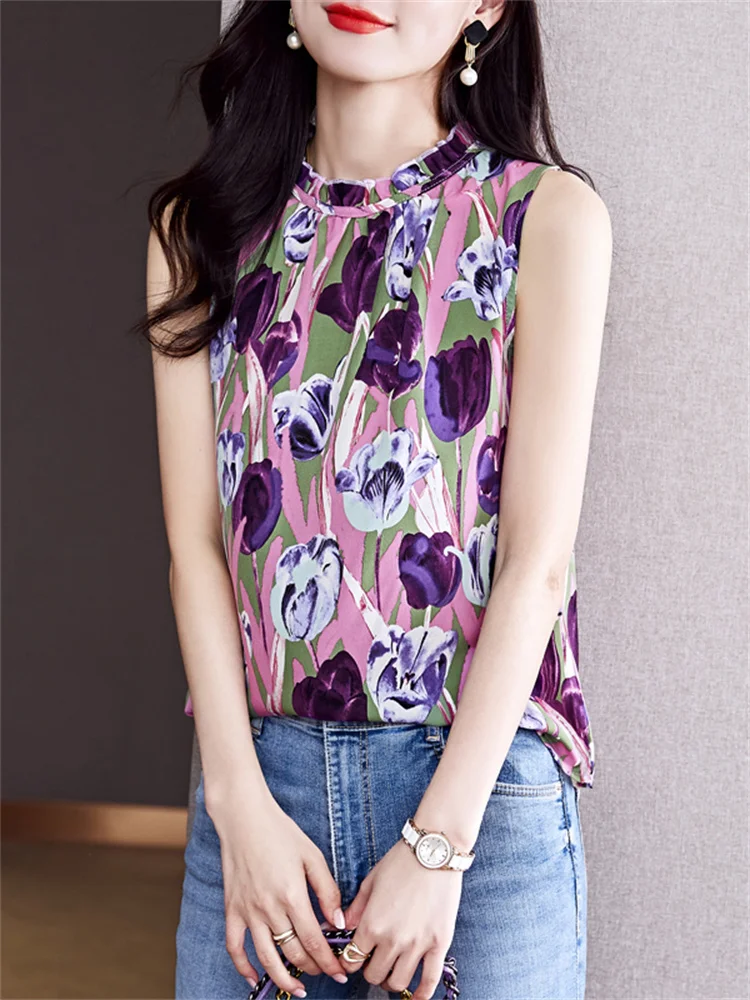 Fashion Women Blouse Elegant Chiffon Blouse Summer 2022 Sleeveless Floral Print Tank Top Casual Shirts