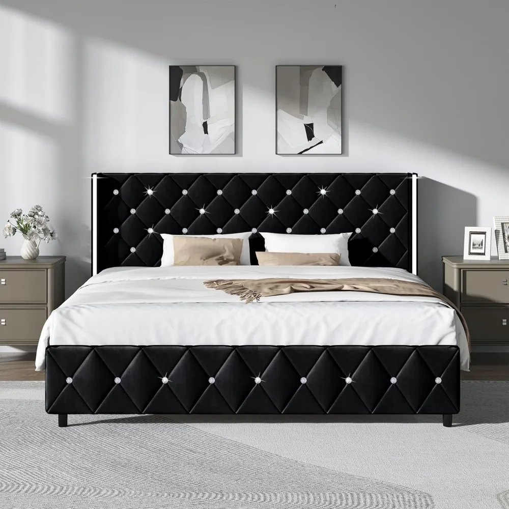 Marco de cama King Size, plataforma tapizada de terciopelo, cabecero y reposapiés copetudos de diamante, soporte de listones de madera