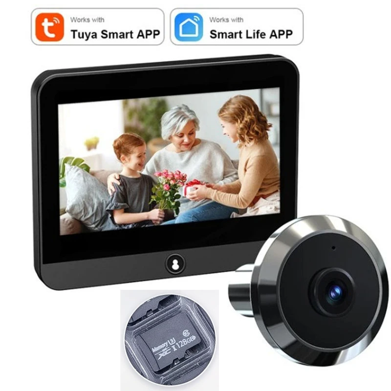 128G Tuya Wireless Radar Doorbell Wifi Door Peepholes Camera PIR Motion Detection 1080P Night Vision 4.3 Inch Rechargeable