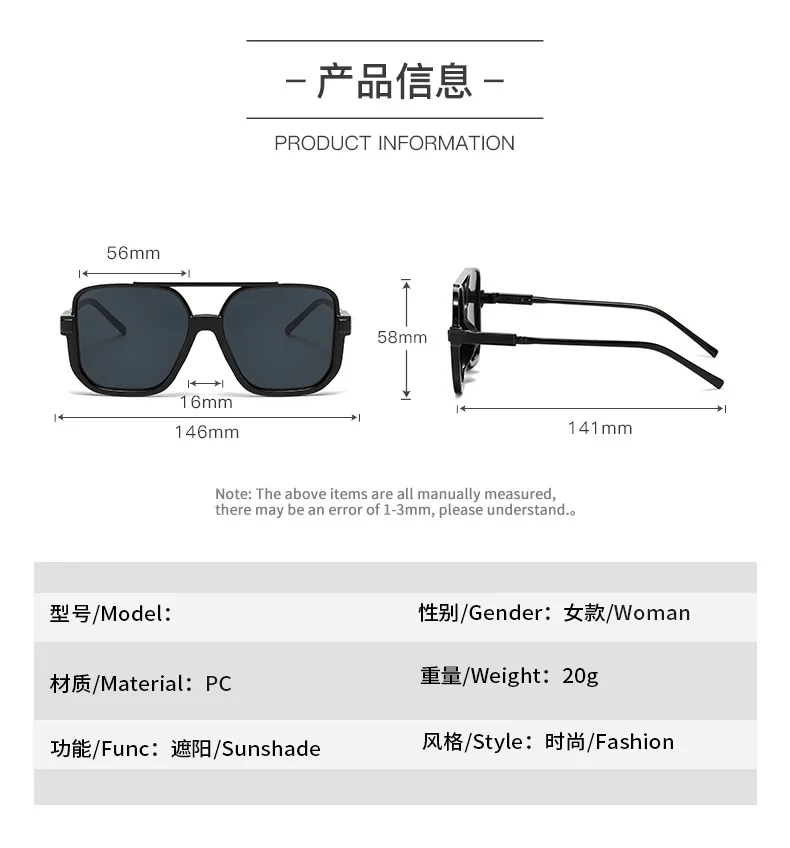 Retro Big Half Frame Damen Quadratische Sonnenbrille Schwarz Rund Coole Herren Sonnenbrille Einteilige Designer Pilot Sonnenbrille für Damen – Detail 14