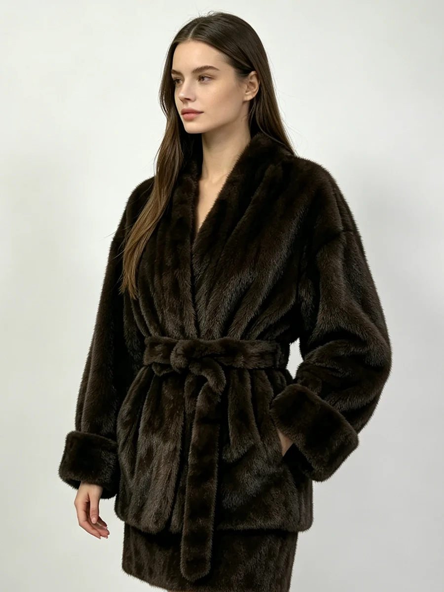 LIMO Women  Faux Coat V Neck Belted Waist Cuffed Sleeve Loose Short Luxury Winter Fur Jacket