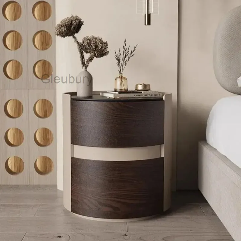 Drawers, Modern Cylindrical with Bedside Table Two-Tone Wood Accent Nightstand, Minimalist Round Storage Table for Bedroom Decor