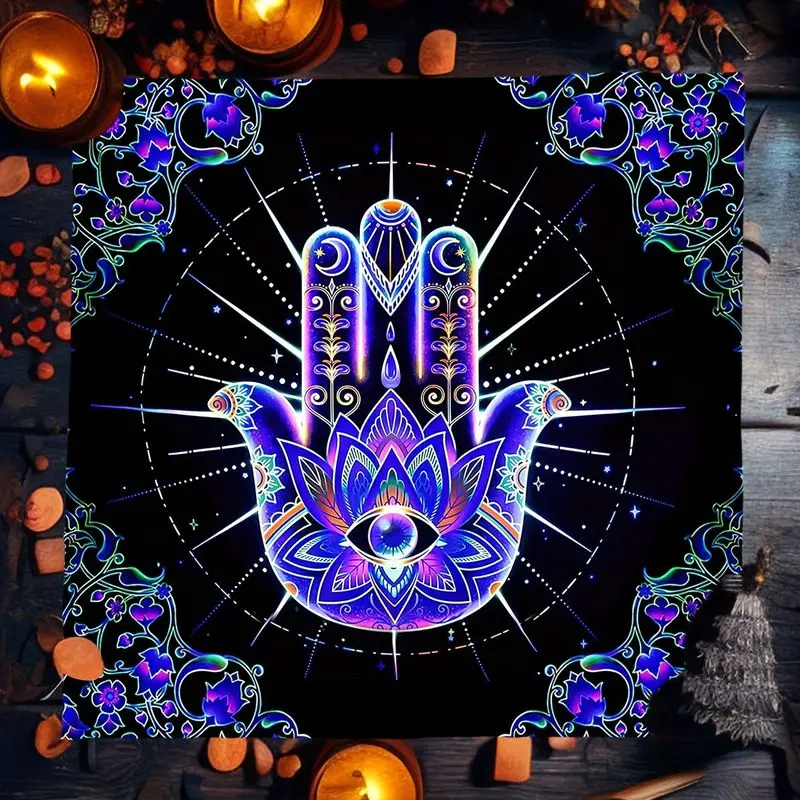 VIKAMA Neon Hamsa Fatima Hand Tarot Tablecloth Mystical Divination Altar Cloth Ceremony for Spiritual Room Decor Witchy