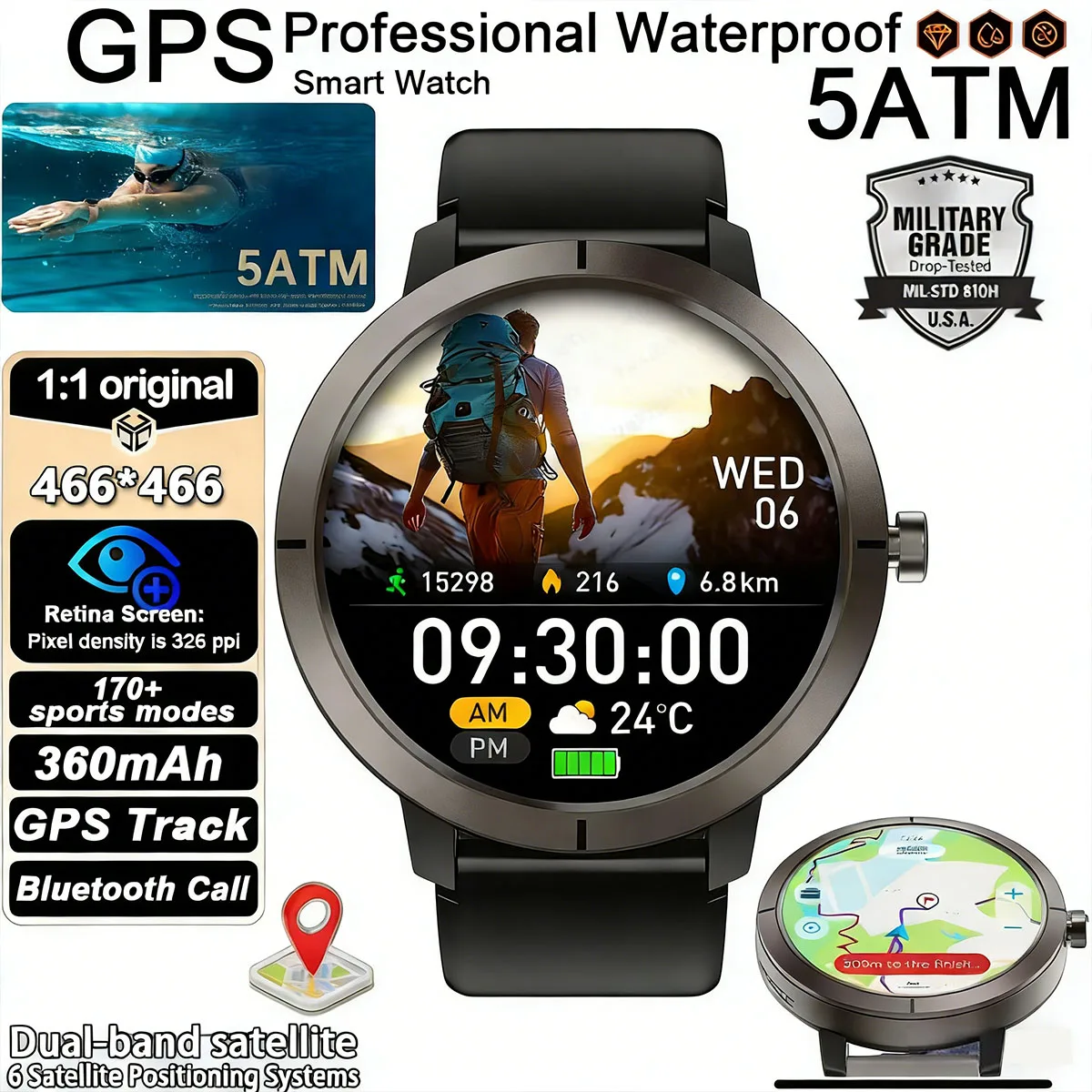 

Men's GPS Smart Watch 5ATM Waterproof Full Touch Screen Amoled 1.32' Bluetooth with Compass Altimeter Barometric