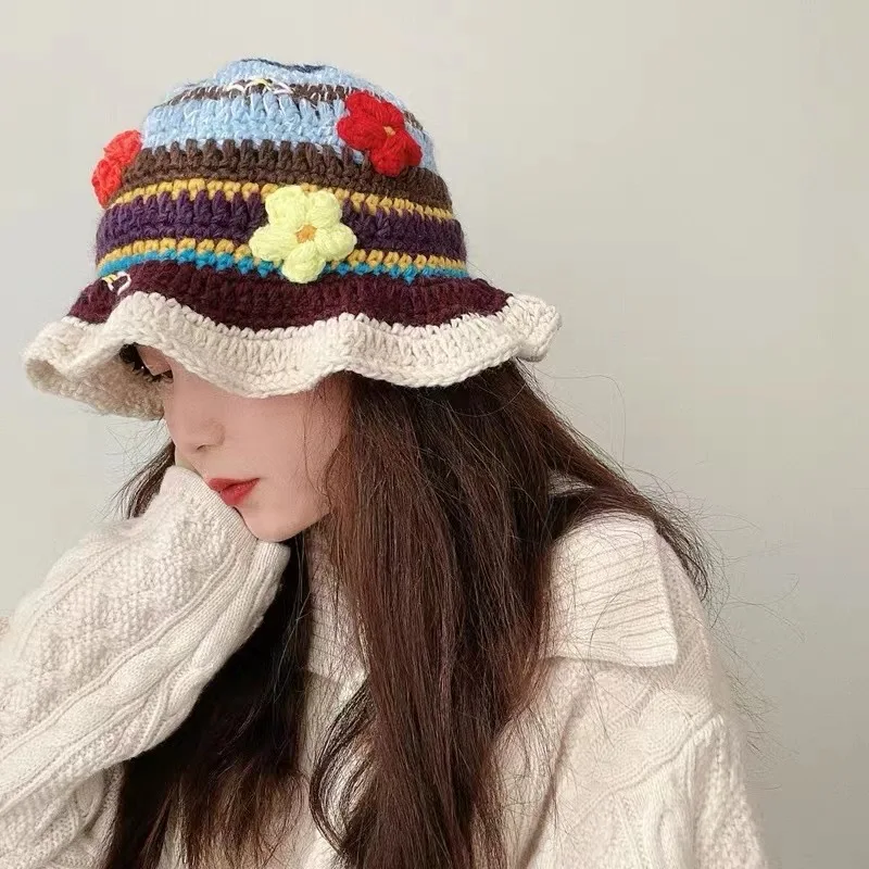 Japanese Knitted Fisherman Hats for Women Trendy Winter Warm Windproof  Thread Handmade Head Wear Sweet and Versatile!