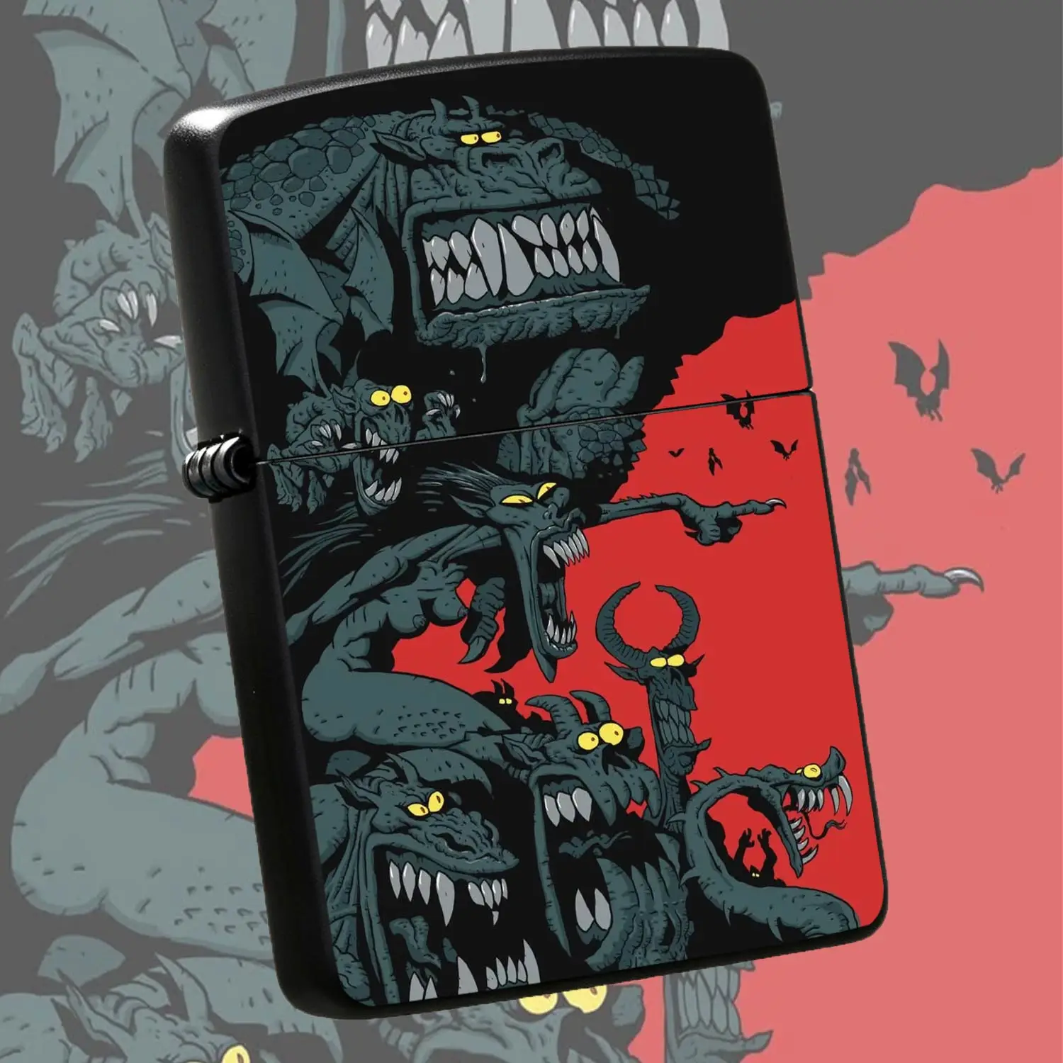 Creative Lighter with Dark Monster Group Portrait Design, Cool Fierce Alien Beasts Art, Striking Yellow Eye Details, Ideal for Daily Gathering Outdoor Activities, Unique Nice Gift for Hobbyists A Humorous And Interesting Lighter