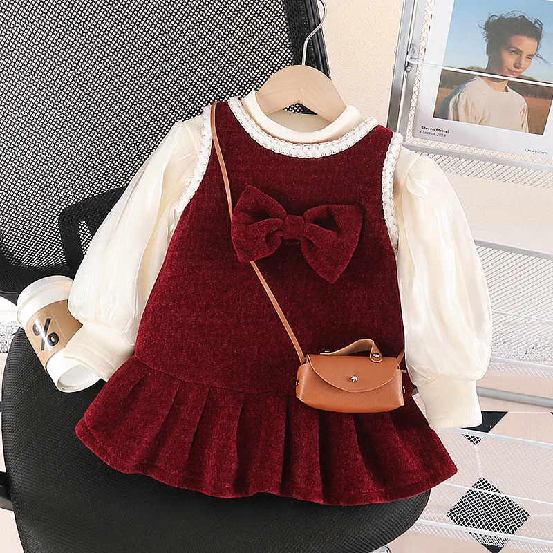 

Girls' Winter Clothing Suit Skirt Baby Girl Winter Sweet Fleece-lined Vest Skirt Bottoming Shirt Children Winter Two-Piece Set T