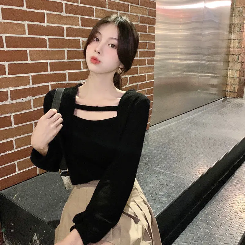 Camisetas de manga larga para mujer, moda coreana, ropa de primavera, Tops de nuevo estilo para mujer, camiseta sencilla con cuello cuadrado, camisetas informales lisas 2021