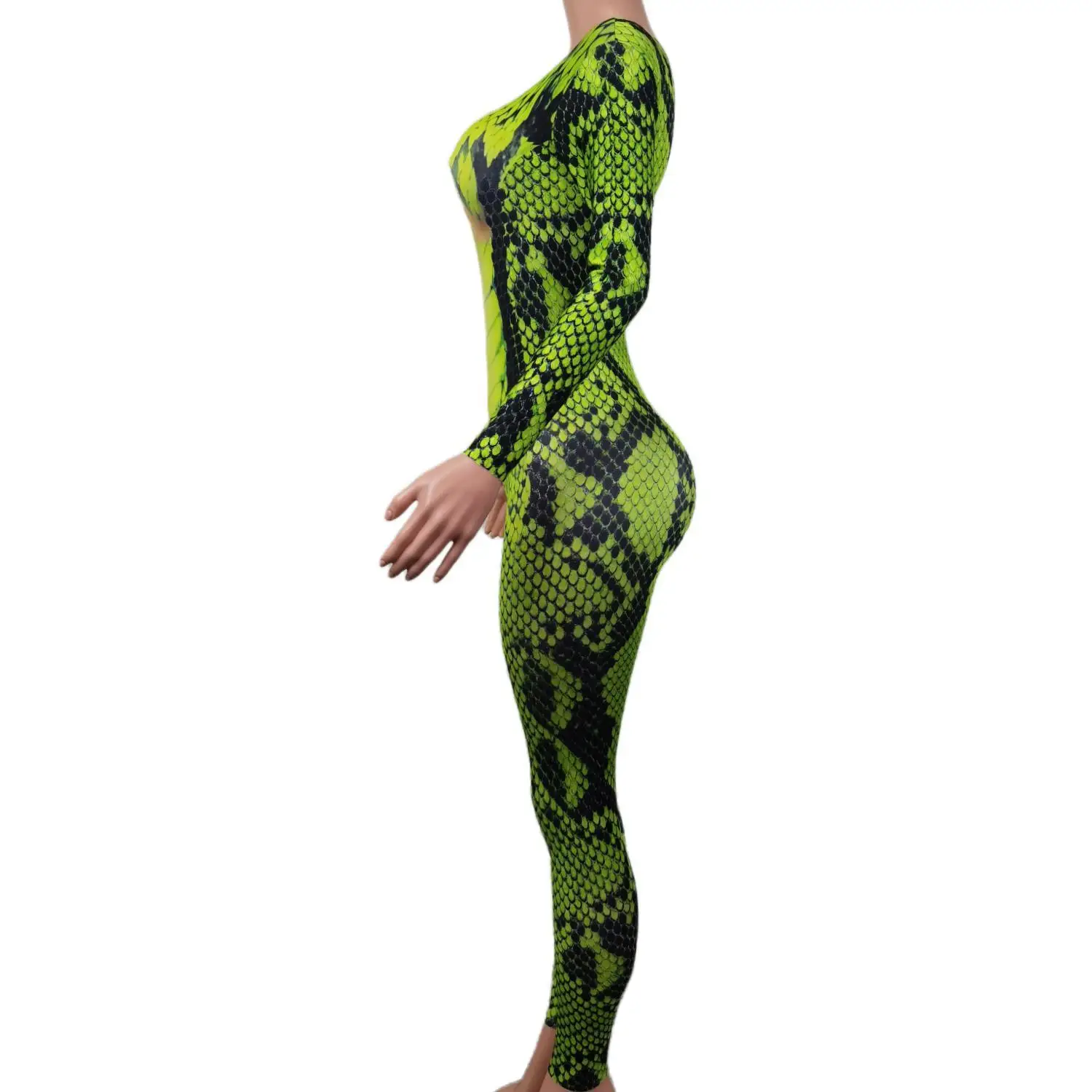 Female Singer Dancer Costume Green Sneck Printed One-piece Bodysuit Nightclub Oufit Women Party Skinny Jumpsuit Qingshe