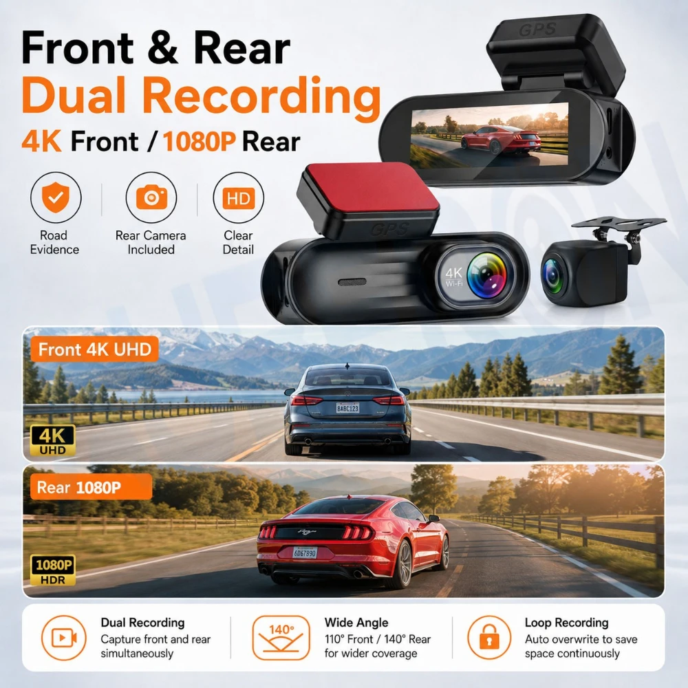 4K Dash Cam Front 1080P Rear Driving Recorder Camera WiFi APP Control Night Vision G-Sensor Loop Recording 24H Parking Monitor