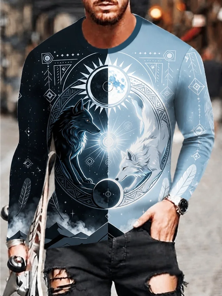 Men's Split Face Wolf Long Sleeve T-Shirt Grey Smoke Red Flame Graphic Tee Pullover Tops Gift New Fashion Streetwear Hot