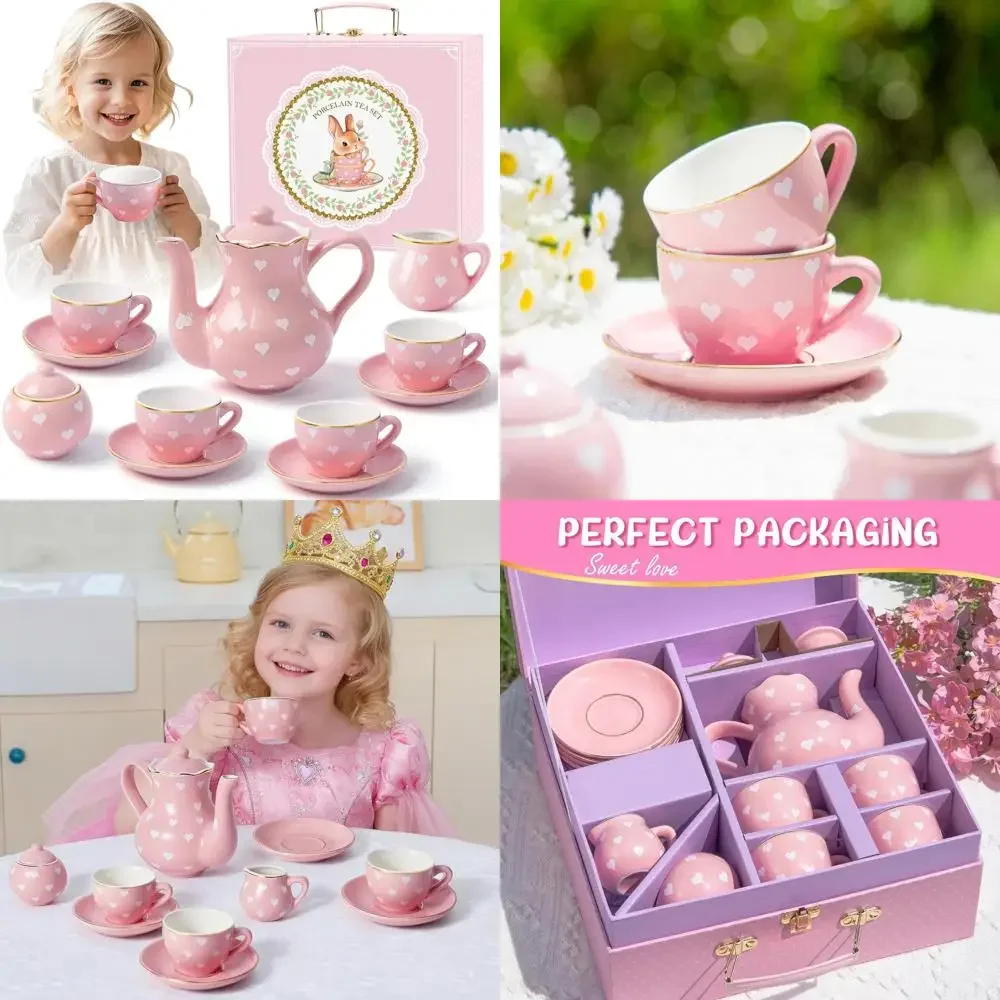 

Porcelain Tea Party Set for Little Princess, Kids, Toddlers - 13Pcs Pink Heart Gold Trim Ceramic Set with Pot, Cups, Saucers & C