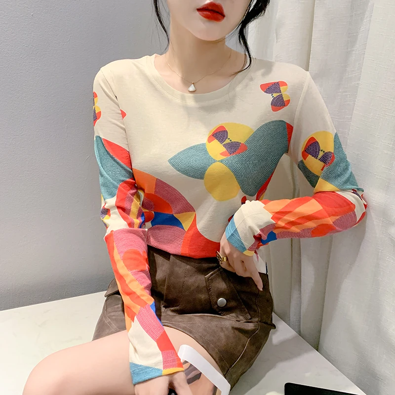 MadBlack-Women European T-Shirt, Sexy O Neck Geometry Print, Korean Long Sleeve Slim S-3XL Knit Tee, 2026 Autumn New T68905CC