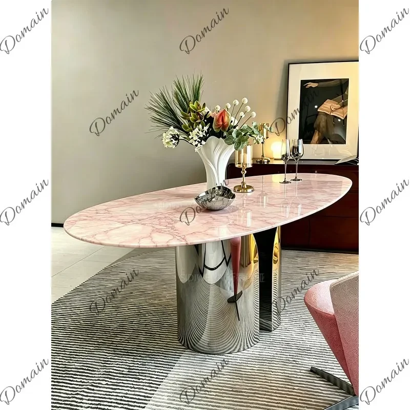 VP Imported Light Pink Natural Luxury Stone Dining Table Modern Simple French Vintage Marble Drop Shape Desk
