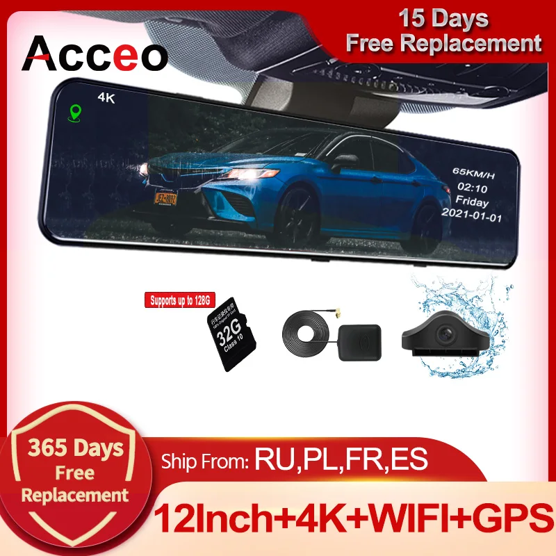 Acceo A45P 4K Car DVR 12 Inch Touch IPS Sony 415 Park RearView Mirror Support Rear View Camera Dashcam Car Camera Video Recorder