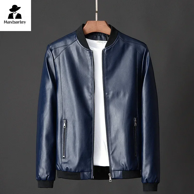 Korean Men's Leather Jacket Spring and Autumn New Black Vertical Collar Motorcycle PU Jacket Fashionable Men Baseball Suit M-8XL