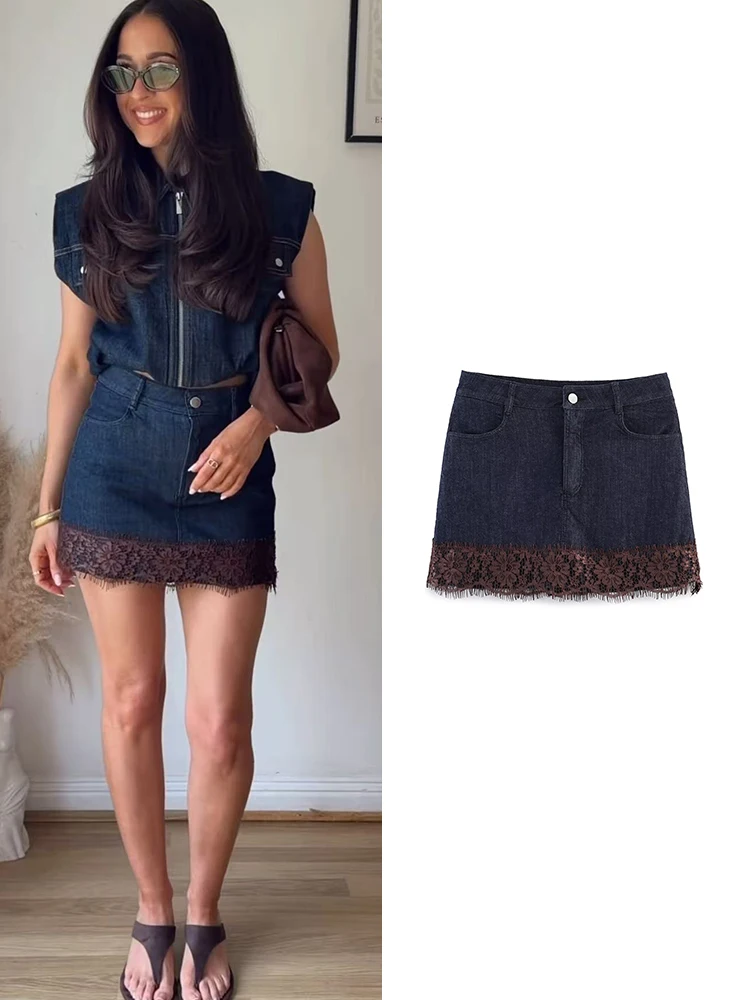 TFMLN New Women Denim Short Skirt Lace Spliced Mini Slim Fit Skirts 2026 Spring Fashion High Waist Zipper Skirts With Pocket