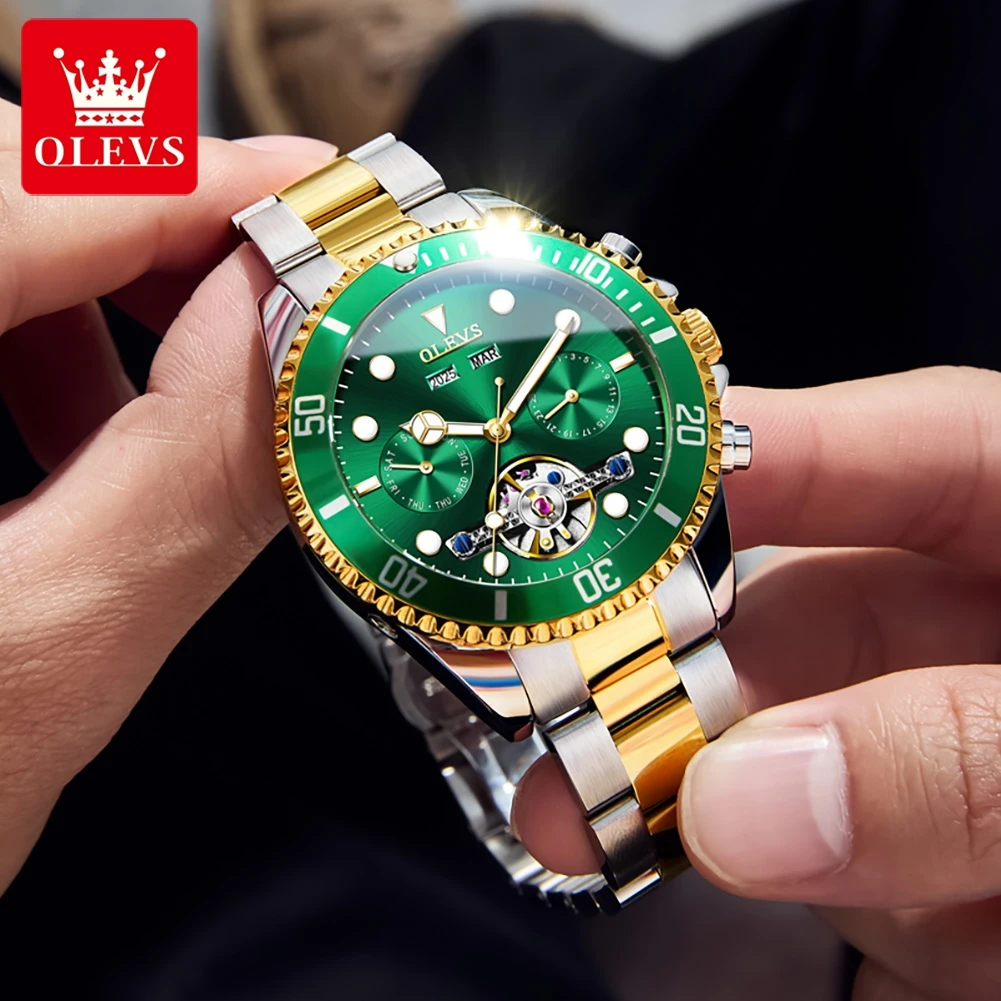 OLEVS 6605 Fully Automatic Watches for Men Top One-Way Rotation Lap Skeleton Flywheel Diving Series Men's Mechanical Wristwatch