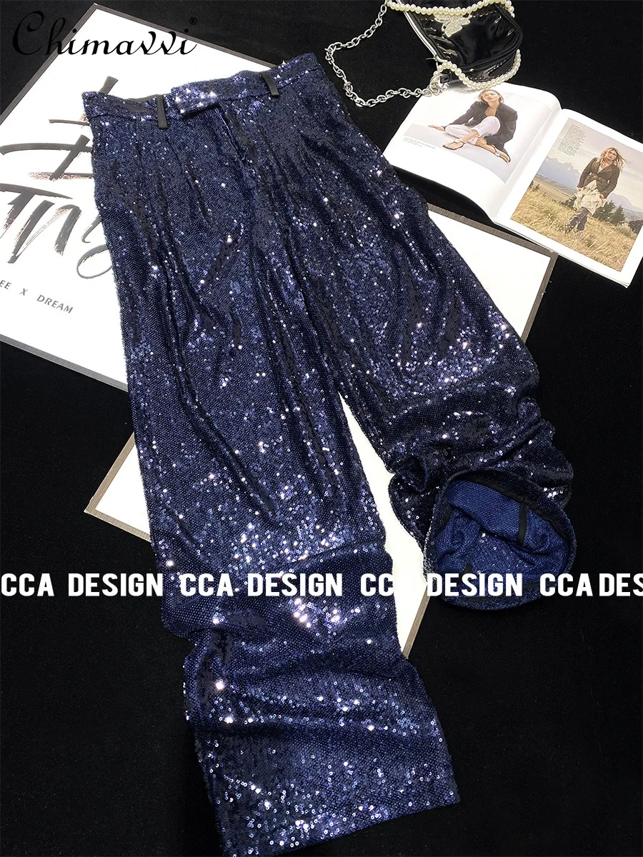 

High Street Fashion Blue Sequined Casual Pants Spring Summer New Shiny Night Club Style High Waist Slim Straight-Leg Pants Women