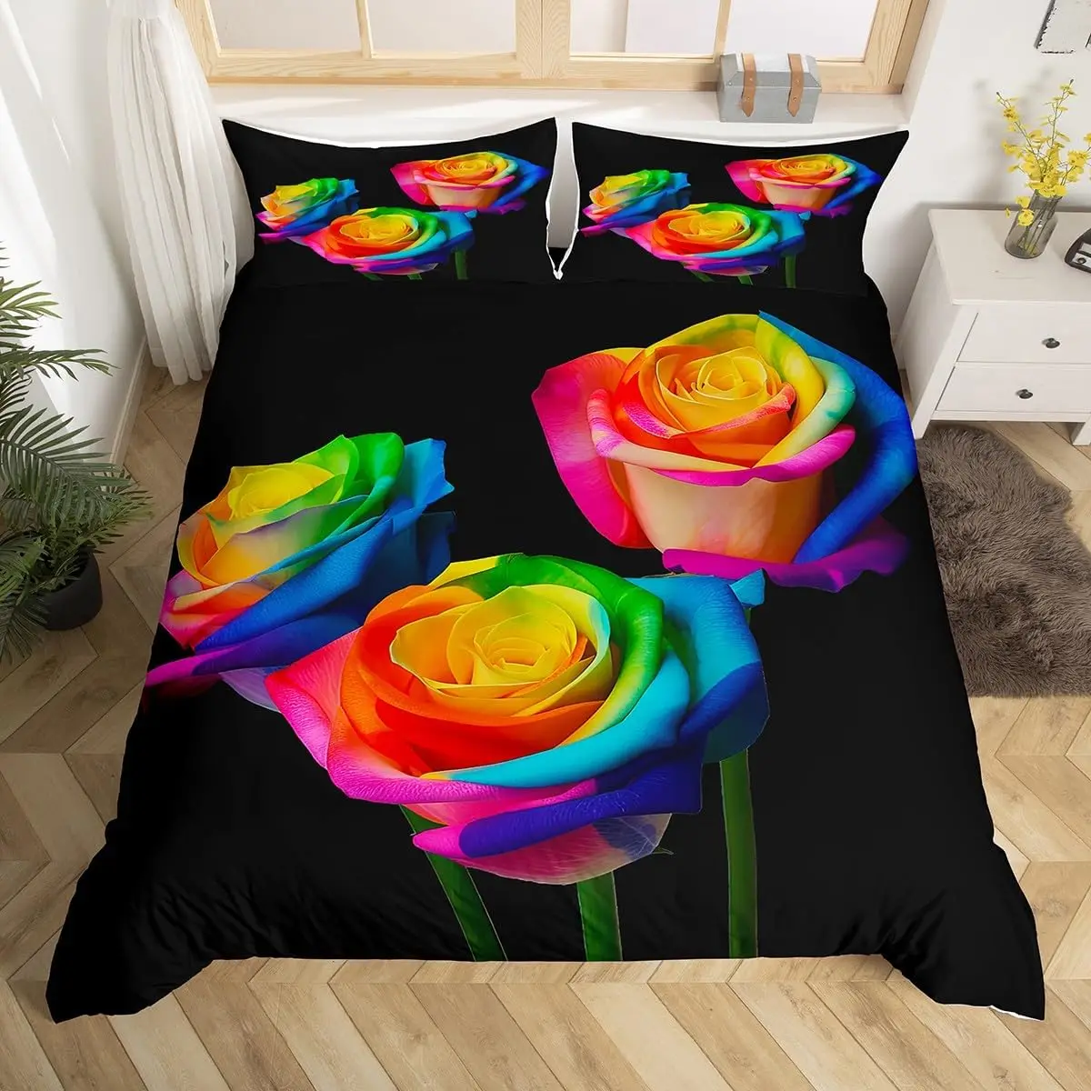 Rose Duvet Cover Full King Floral Bedding Set Boys Girls Room Decor Botanical Flower Valentine's Day Romantic Comforter Cover