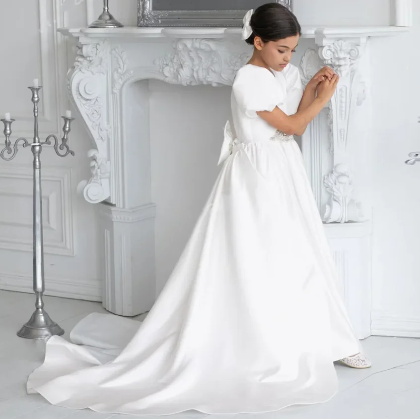 High Quality Princess Flower Girl Dress for Wedding Party Solid Satin V Back Girls First Communion Dress Size 1-14T