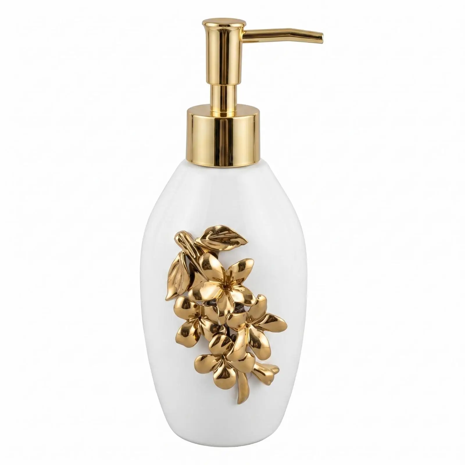 Luxurious Ceramic Soap Dispenser with Floral Relief Design Gold Pump Head for Bathroom Countertop Sink Storage
