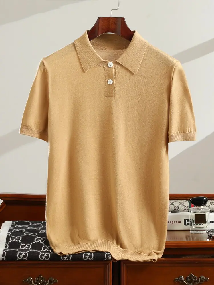 100% Australian wool knitted short sleeves loose large size POLO neck cashmere T-shirt solid color simple sweater half sleeve