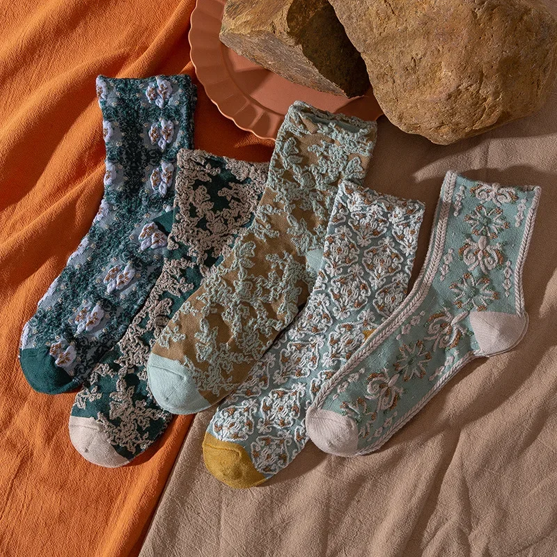 5 pairs Flower Women Socks Harajuku Retro Socks Elegant Ethnic Vintage Woman Socks Lolita Fashion Japanese Kawaii Cute Sox