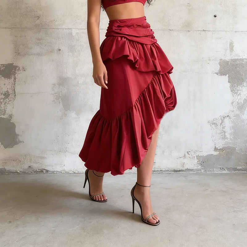 ZAMOR HIGH END 2026 New Minimalist High-End High Waist Midi Skirt 3D Pleated Irregular Splicing Ruffle Hem Skirt for Women