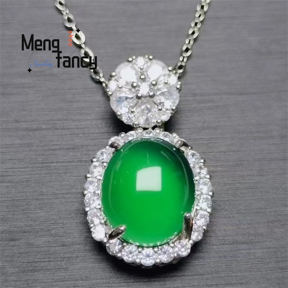 

High-Ice Silver-Plated, Fully Diamond-Encrusted Emerald Green Chalcedony Pendant Beautiful Egg-Faced Necklace Agate Jade Pendant