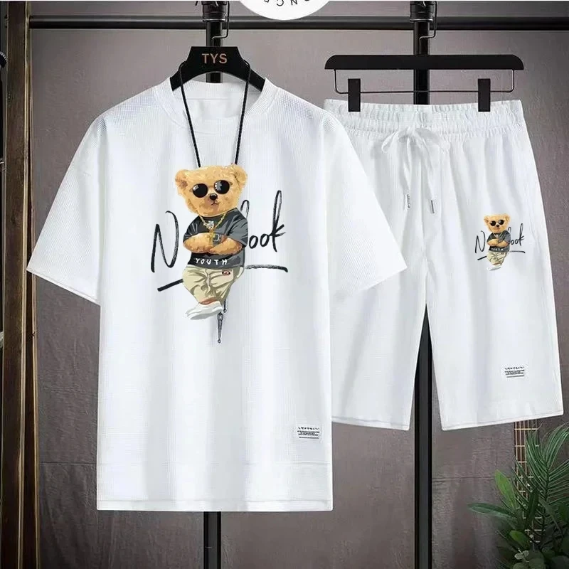 Bear Printing 2-Piece Set Fashion Men's Sports Suit Summer Harajuku Casual Short Sleeve O Neck T-shirt and Sports Shorts US Size