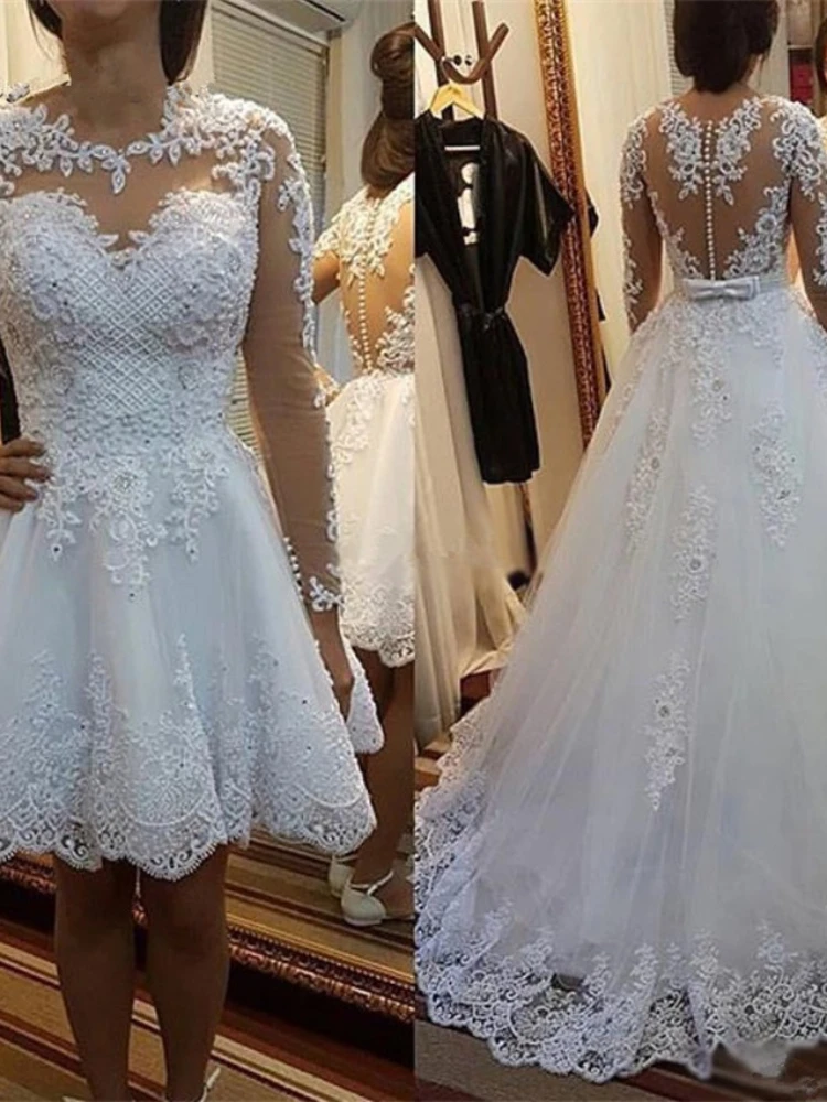 Vestido De novia De manga larga, traje De dos piezas, corte en A, cuello redondo, apliques cortos, fiesta De boda