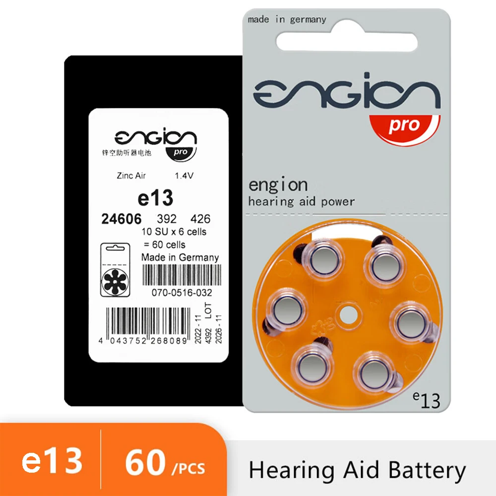 60pcs ENGION Zinc Air 1.4V Battery for BTE ITE Hearing Aid e13/A13/PR48 Performance Hearing Aid Batteries made in Germany