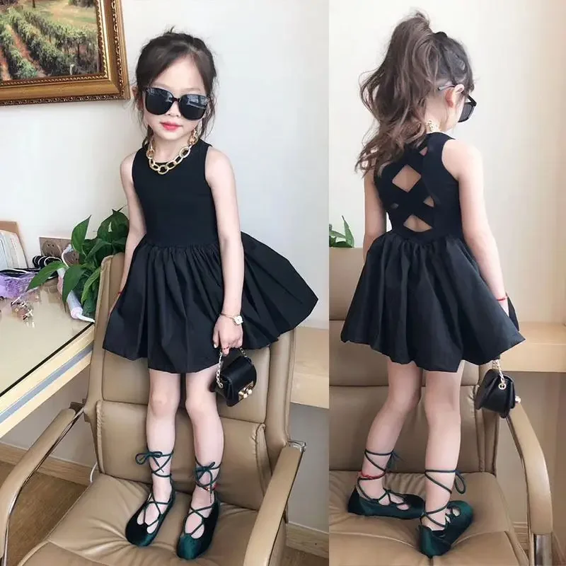 2-8 Years Girls Elegant Goth Dresss Summer Black Little Princess Dress Backless Off Shoulder Party Kids Dress Children Clothing